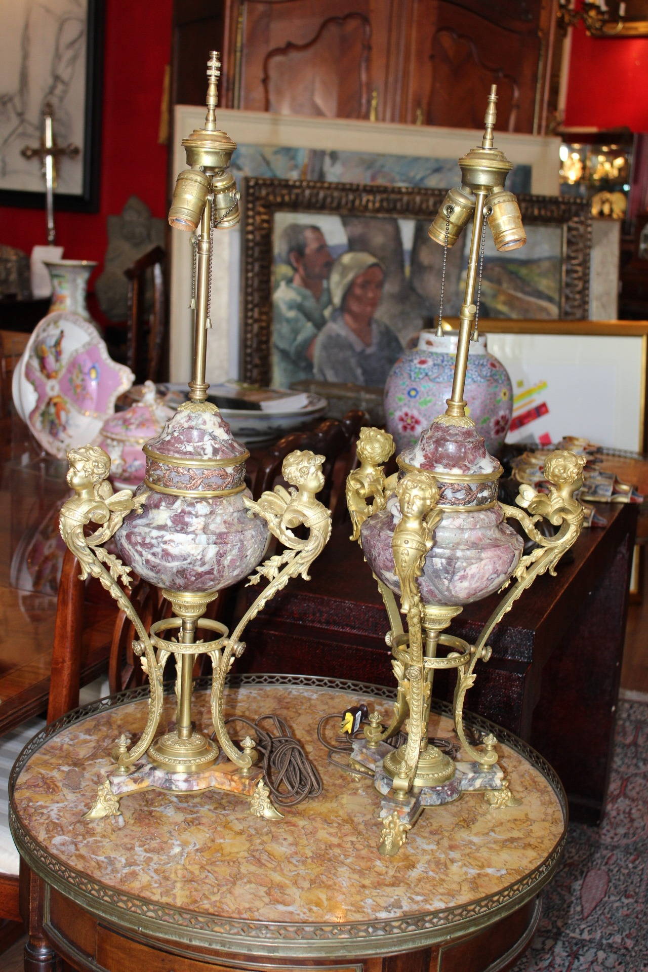 Pair of French Bronze-Mounted Marble Urn Lamps For Sale 2