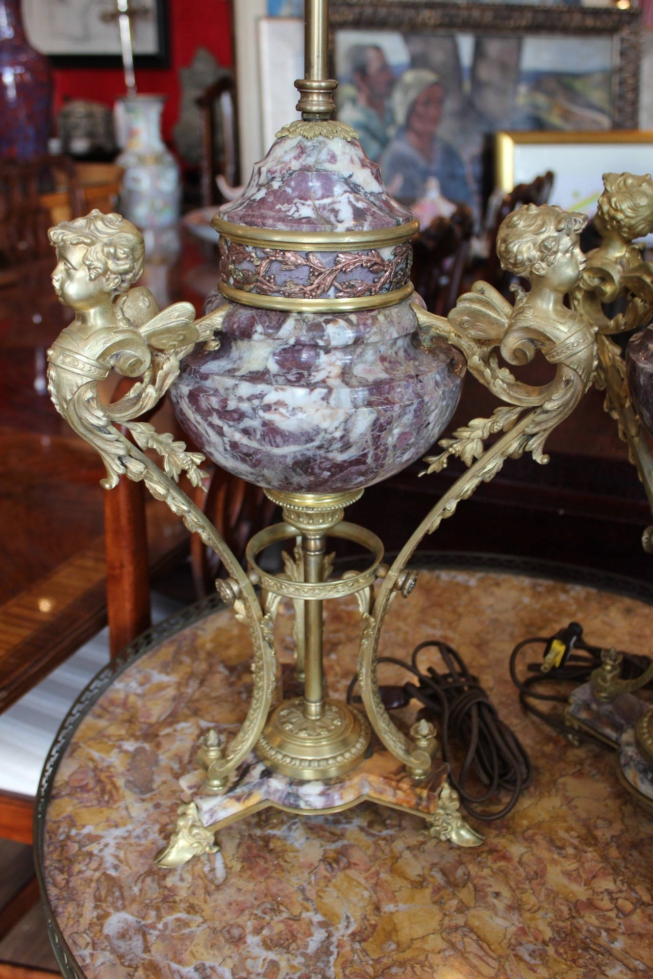 Second Empire Pair of French Bronze-Mounted Marble Urn Lamps For Sale