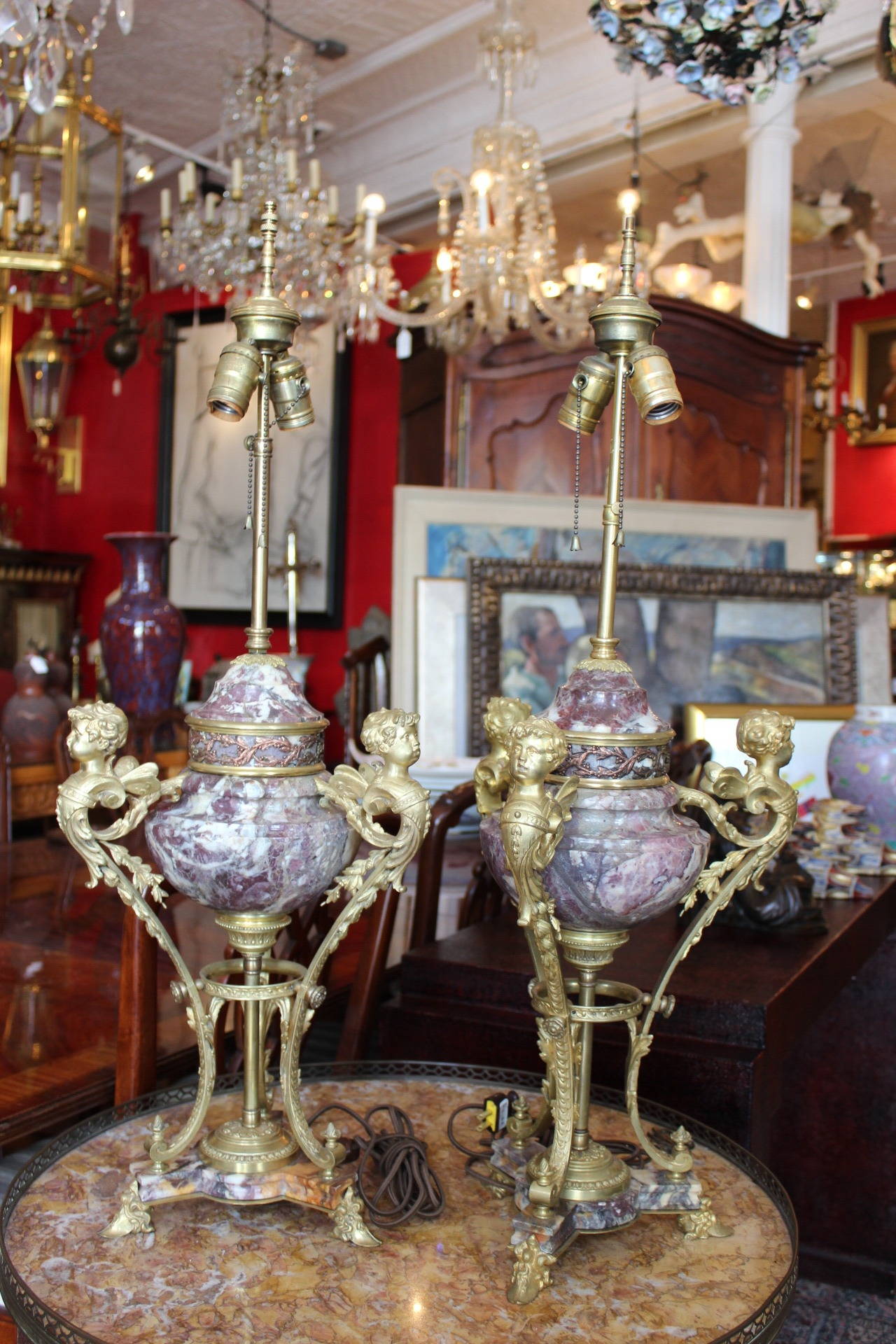 Pair of French Bronze-Mounted Marble Urn Lamps For Sale 1