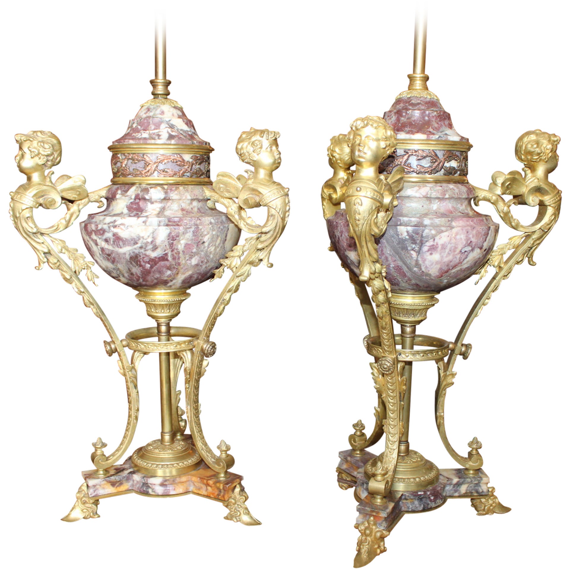 Pair of French Bronze-Mounted Marble Urn Lamps For Sale