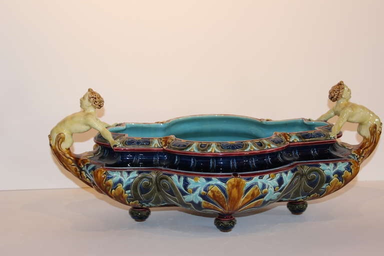 Pottery Large French Sarreguemines Majolica 19th Century Center Bowl For Sale