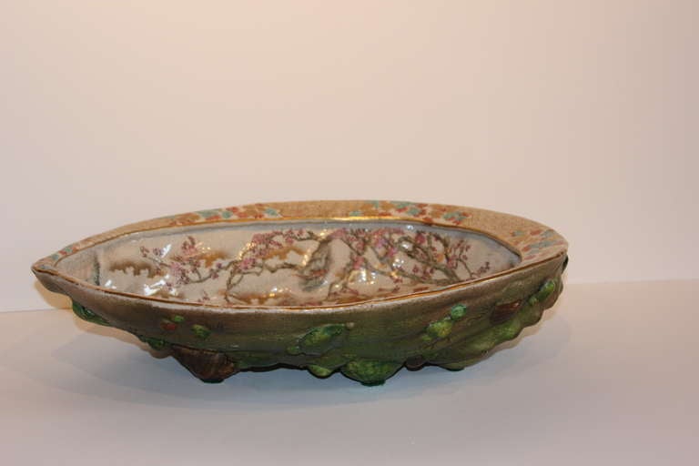 19th Century Large Awabi Shell-Form Satsuma Pottery Bowl