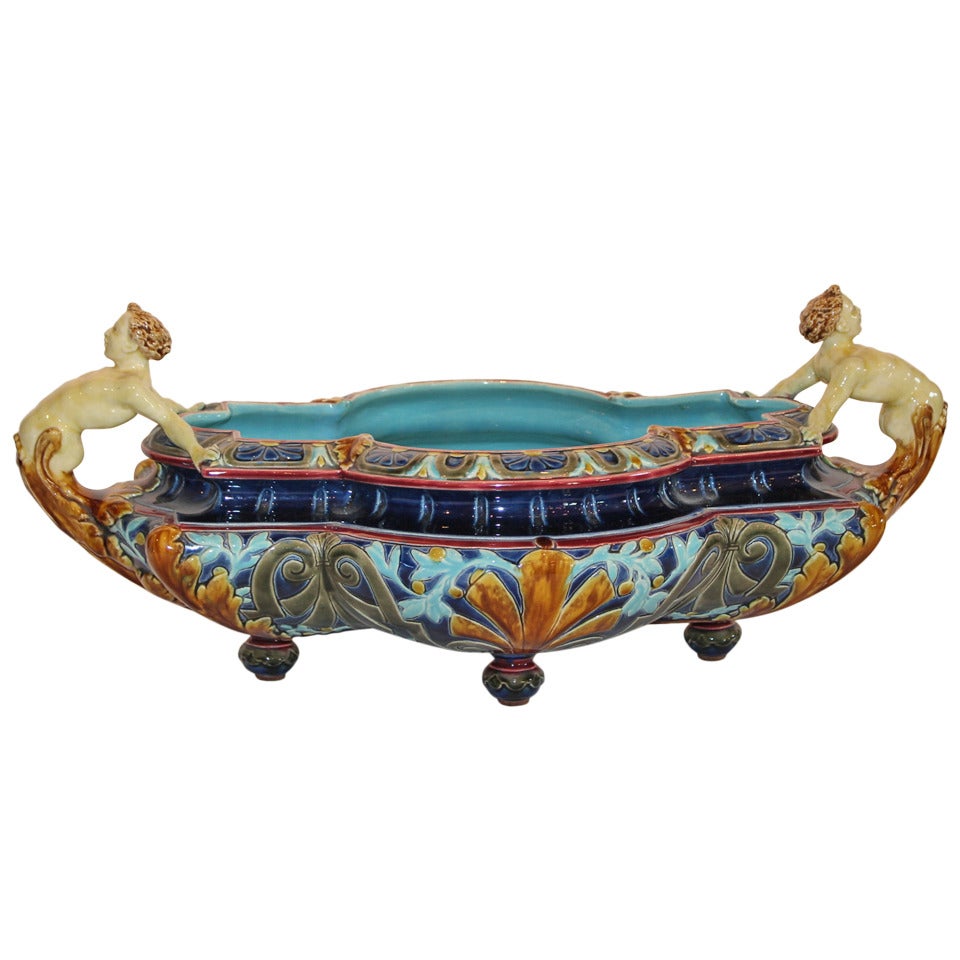 Large French Sarreguemines Majolica 19th Century Center Bowl For Sale
