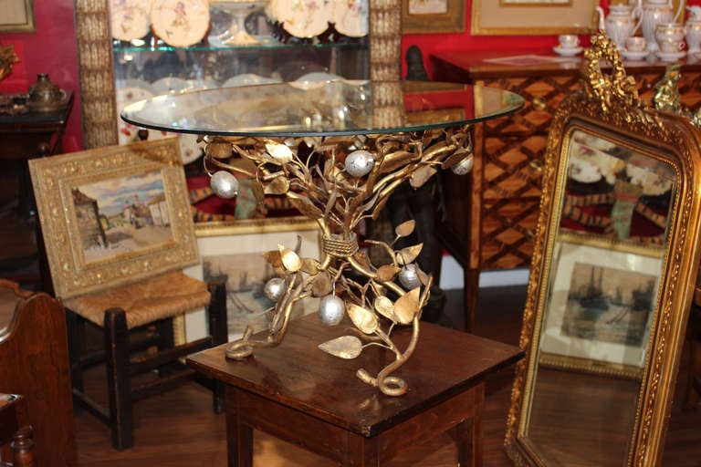 Metal Gold & Silver Lemon Tree glass top Table.  Silver Lemons and Gold Leaves.  Glass top is 27 1/2