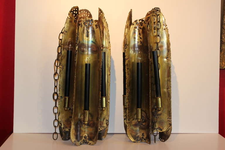 Pair of Brass Pierced Torch Cut Brutalist Pendant Lights