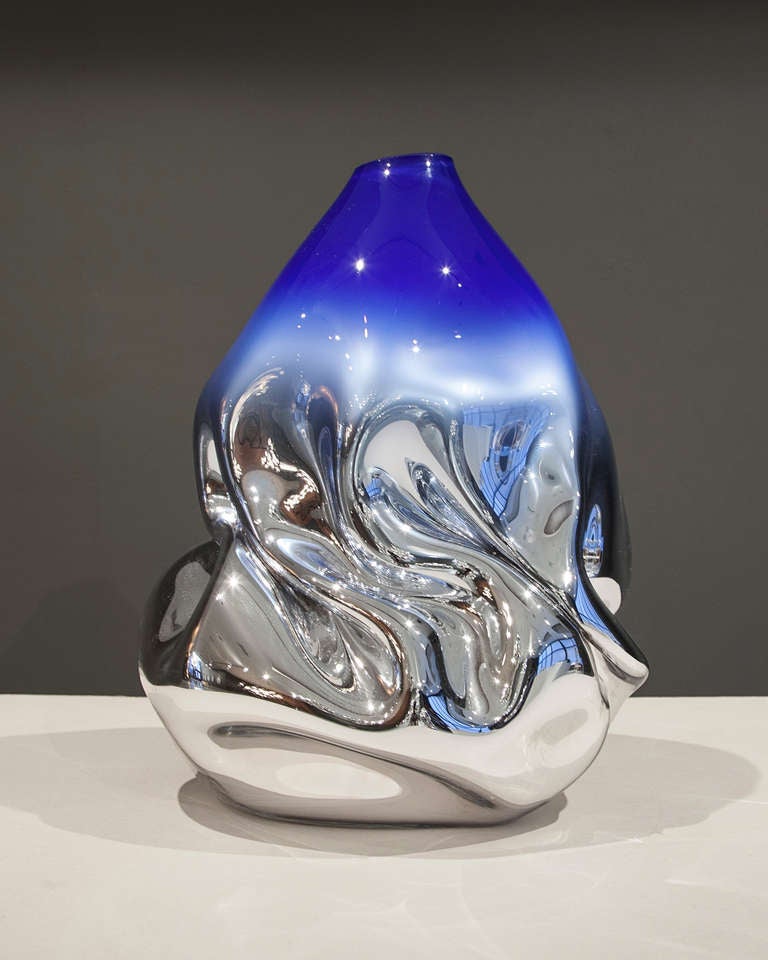American Unique Crumpled Glass Sculptural Vessel, Hand-Blown by Jeff Zimmerman, 2014