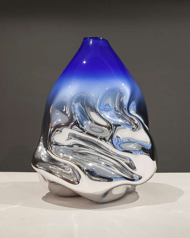 Unique Crumpled Glass Sculptural Vessel, Hand-Blown by Jeff Zimmerman, 2014 In Excellent Condition In New York, NY
