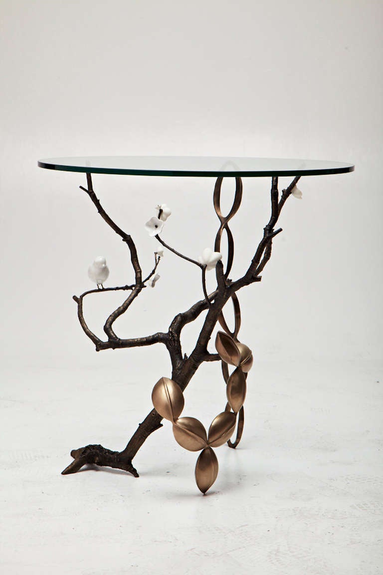 Unique Collage side table in patinated bronze, polished bronze and porcelain with glass top. Designed and made by David Wiseman, USA, 2014.