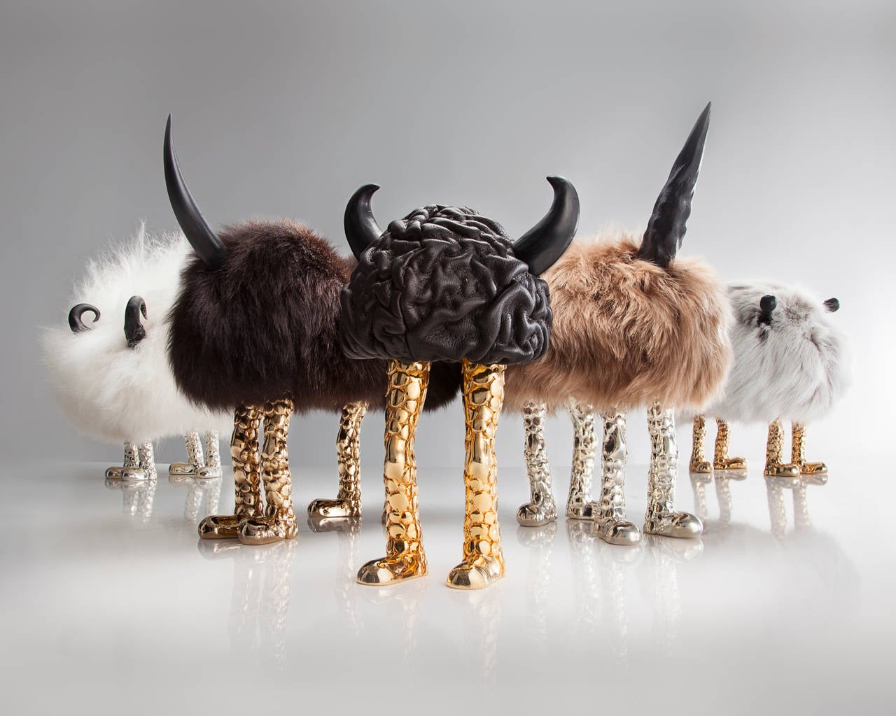 Carved Mini Beast in Goat Fur, Silver Plated Bronze and Ebony by The Haas Brothers