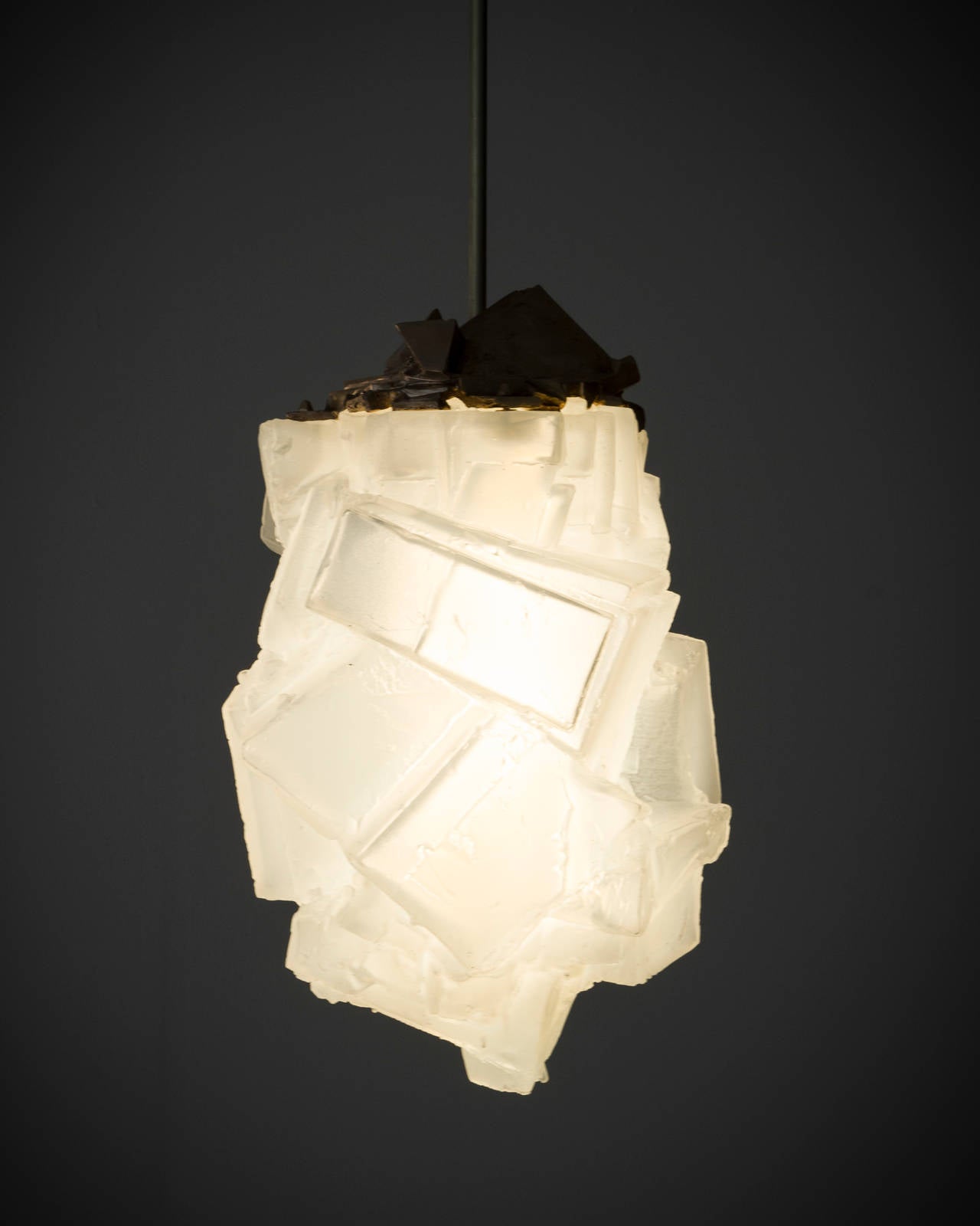 Unique Assemblage pendant lamp in opaline hand-blown, cut and polished glass. Designed and made by Thaddeus Wolfe, USA, 2014.