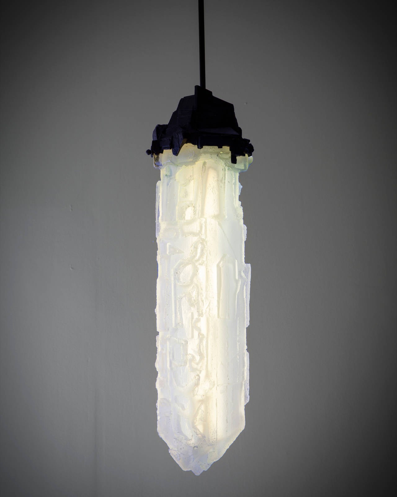 HL1282.

Unique assemblage pendant lamp in uranium yellow and opaline handblown, cut and polished glass. Designed and made by Thaddeus Wolfe, USA, 2014.