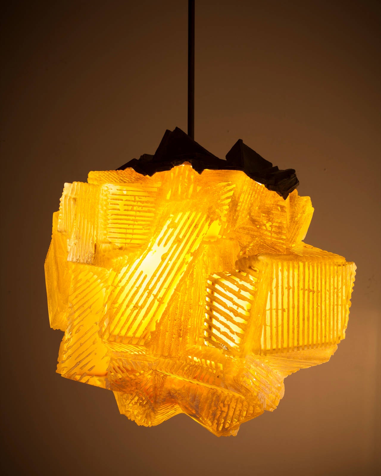 Unique Line Relief Assemblage pendant lamp in white with burnt orange interior hand-blown, cut and polished glass. Designed and made by Thaddeus Wolfe, USA, 2014.