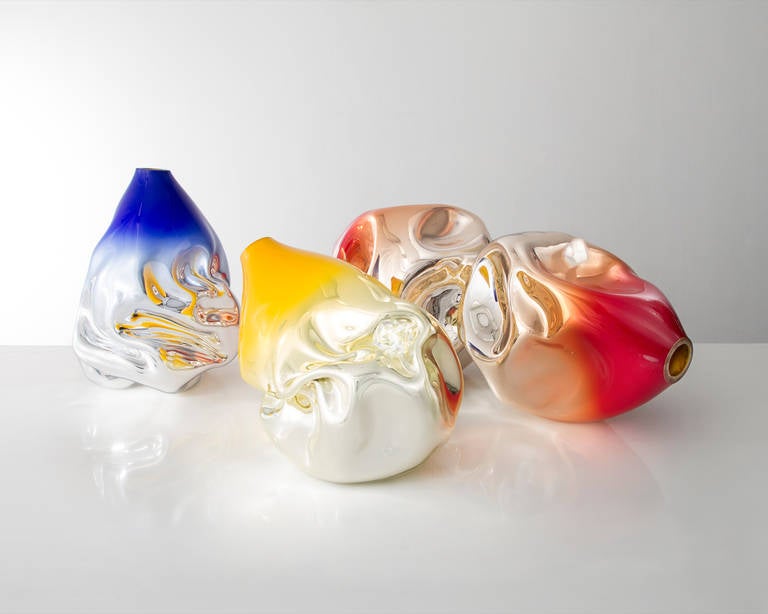 Blown Glass Unique Crumpled Glass Sculptural Vessel, Hand-Blown by Jeff Zimmerman, 2014