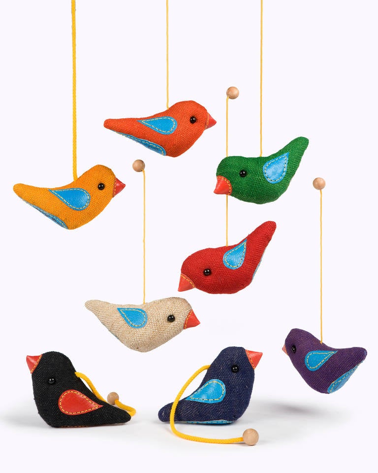 SM3170.

"Therapeutic Toy" bird in jute and leather. Originally designed and made by Renate Müller in 1981-1982. 

This example made by Renate Müller, Germany, 2011.

Examples available in Blue, Red, Purple, Cream, Yellow, and