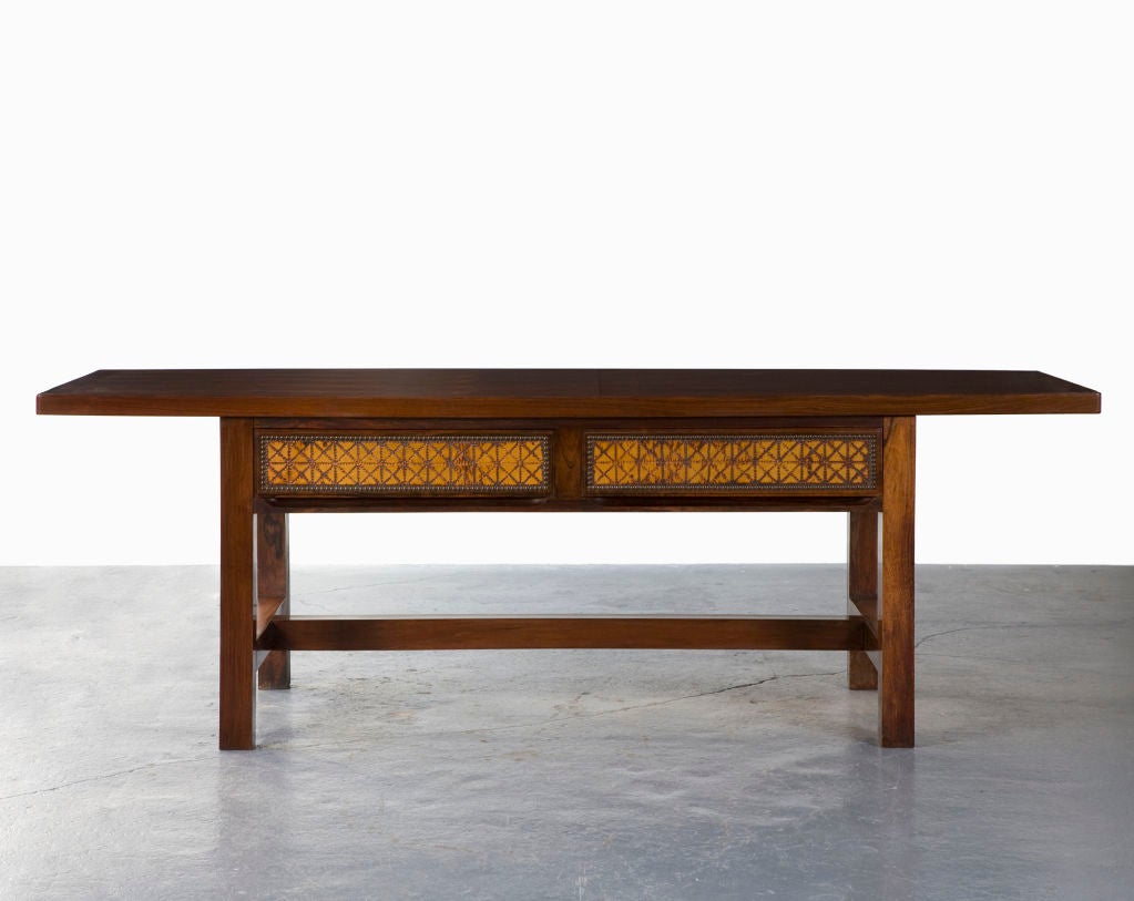 Console table in jacaranda with ochre-colored embossed leather drawers. Designed by Joaquim Tenreiro for an estate in Sao Paulo, Brazil, 1969. Acquired from the original owner.