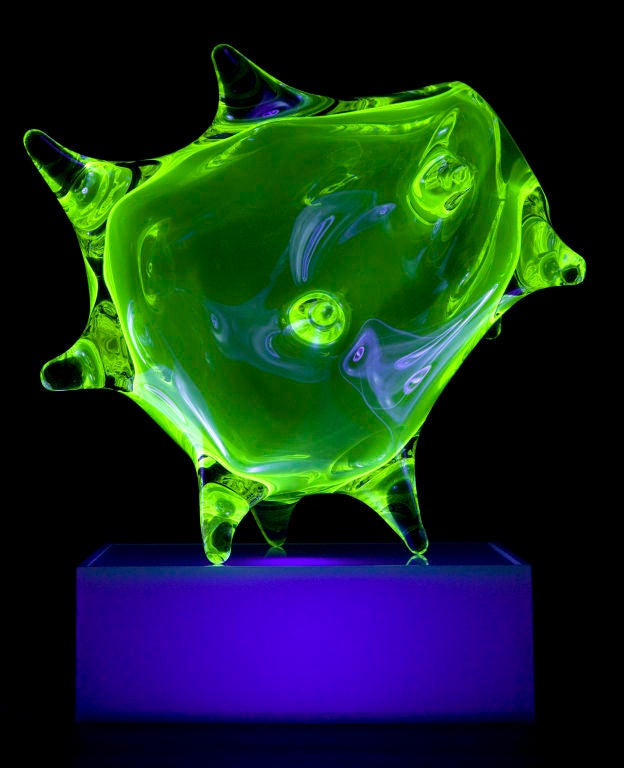 Unique sculpture in fluorescent hand-blown glass, with lightbox. Designed and made by Jeff Zimmerman, USA, 2010.