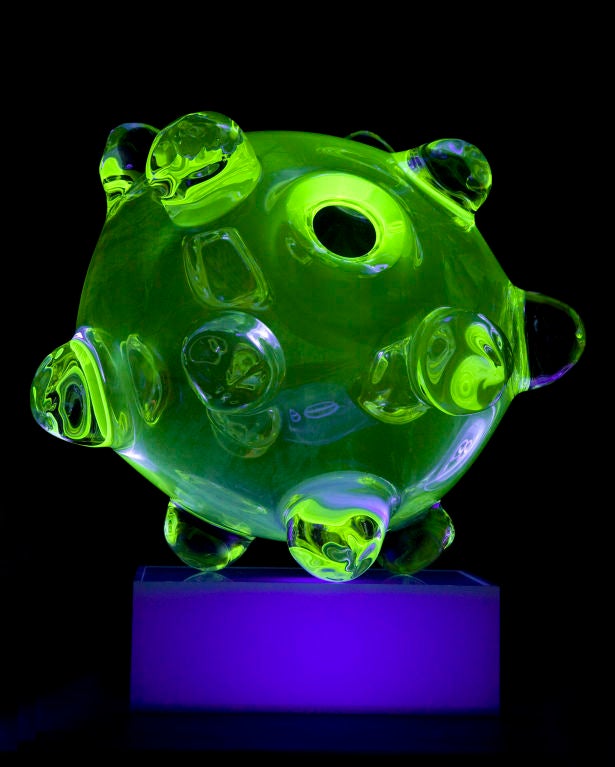 Unique sculpture in fluorescent hand-blown glass, with lightbox. Designed and made by Jeff Zimmerman, USA, 2010.