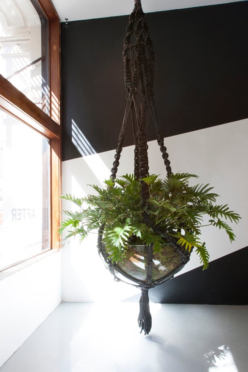 AFTER SALLY // Unique Macrame planter in hand-knotted dyed cotton and leather with lucite bowl. Created by Sally England exclusively for Kelly Behun Studio, USA, 2012.