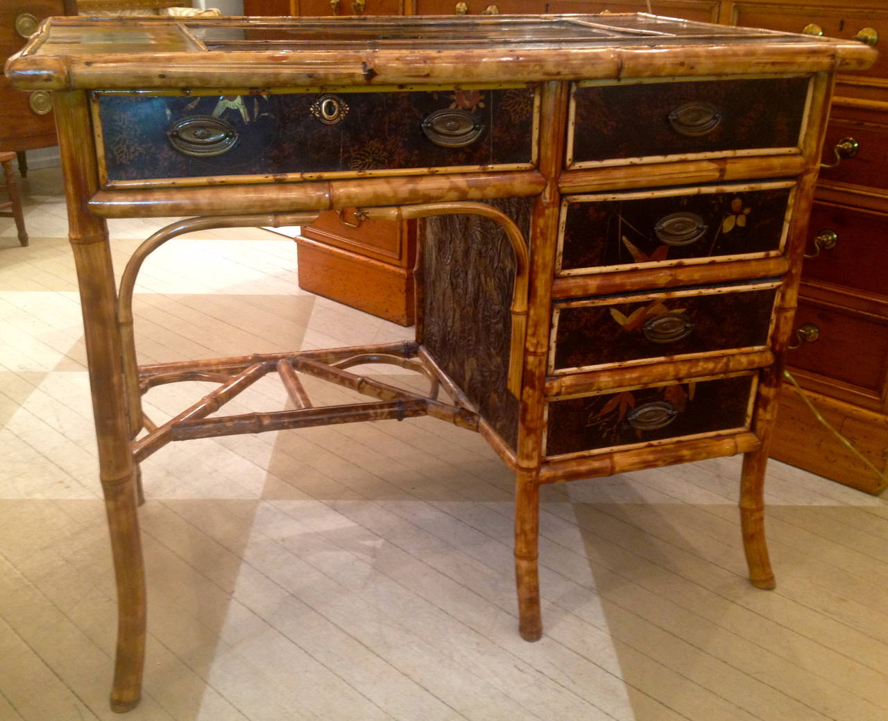 19th century English bamboo chinoiserie lacquered desk.
