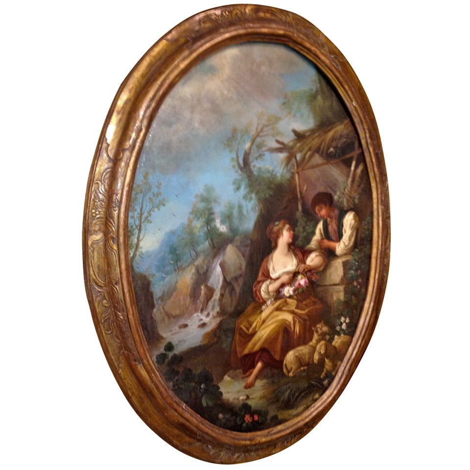Large Oval French, 18th Century Genre Painting For Sale