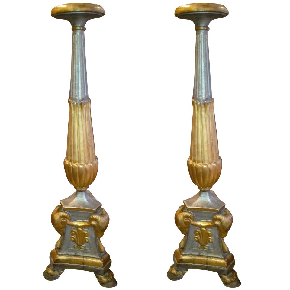 Pair of 19th Century Italian Painted and Gilt Candlesticks as Lamps