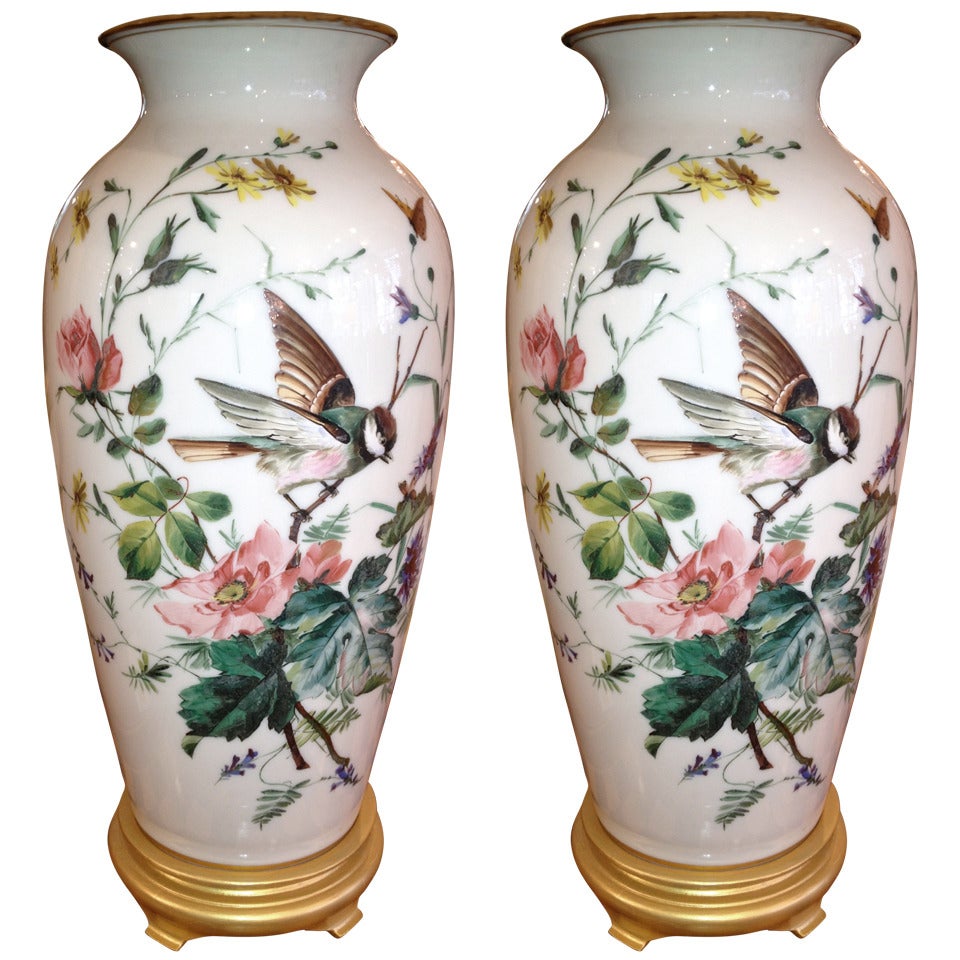 Pair of French 19th Century Milk Glass Vases as Lamps