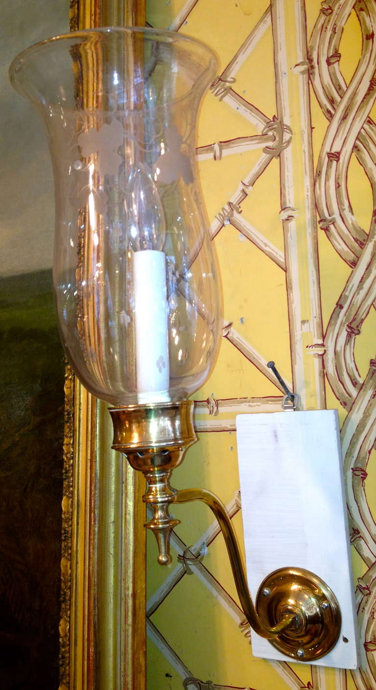 Regency Pair of Anglo-Indian Brass and Etched Glass Globe Hurricane Sconces