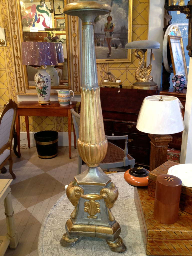 Pair of 19th Century Italian Painted and Gilt Candlesticks as Lamps 1