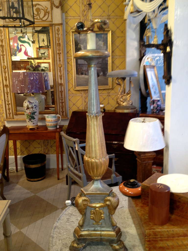 Pair of 19th Century Italian Painted and Gilt Candlesticks as Lamps 2