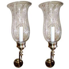 Pair of Anglo-Indian Brass and Etched Glass Globe Hurricane Sconces