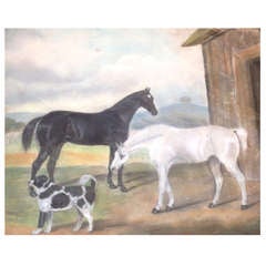 Antique Two English 19th Century Horse Pictures in Tiger Maple Frames