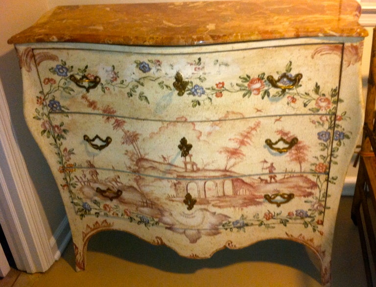 Late 19th Century Italian, Venetian Style Painted Chest of Drawers
with Marble Top