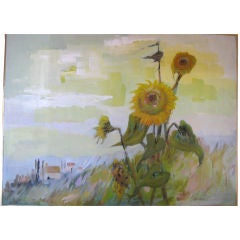 Vintage American oil on Canvas "Sunflower in Field with House"