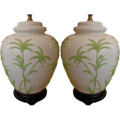 Pair of American Porcelain Lamps with Palm Tree Decoration