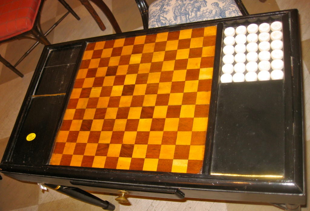 American 19th Century Black Lacquered Checker Board Table