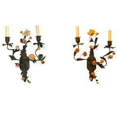 French 19th Century Tole and St Cloud Porcelain Flower Sconces