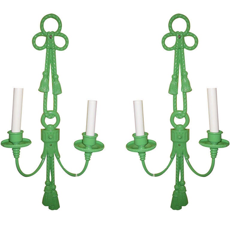 Pair of Italian Bow, Rope and Tassel  Lacquered Green Scones