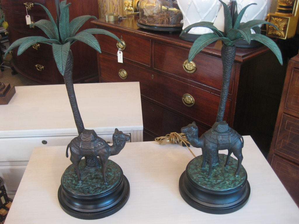 Pair of Italian Painted Bronze Camel with Palm Tree Lamps In Excellent Condition In Southampton, NY