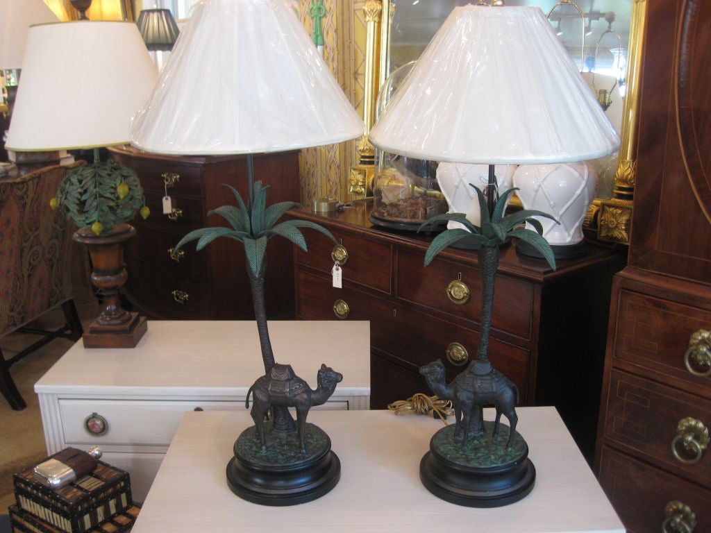 Mid-20th Century Pair of Italian Painted Bronze Camel with Palm Tree Lamps