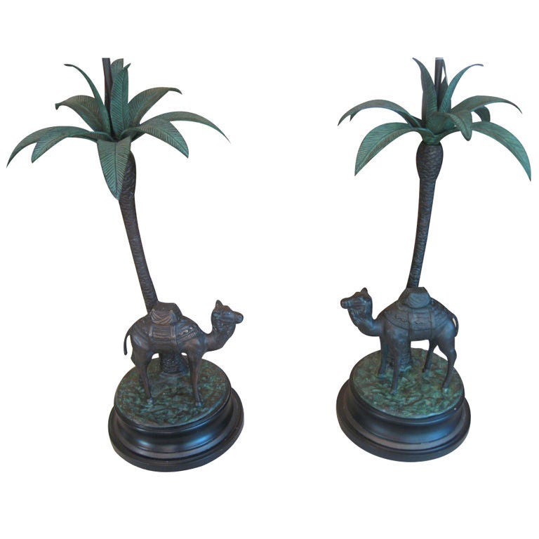Pair of Italian Painted Bronze Camel with Palm Tree Lamps