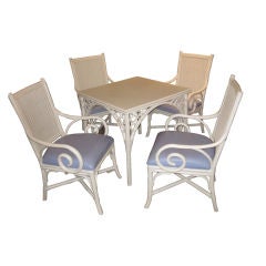 American White Wicker Style Set of Four Arm Chairs and Table
