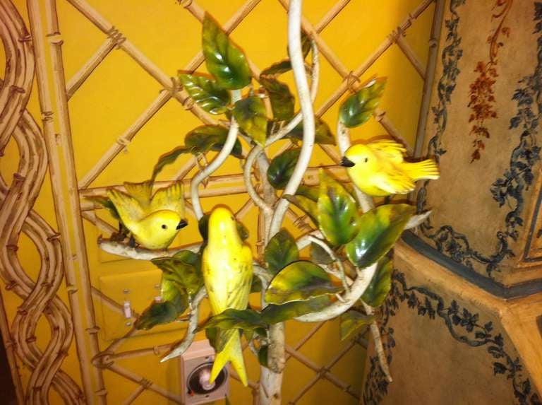 20th Century Italian Painted Tole Lamp of Birds in a Tree