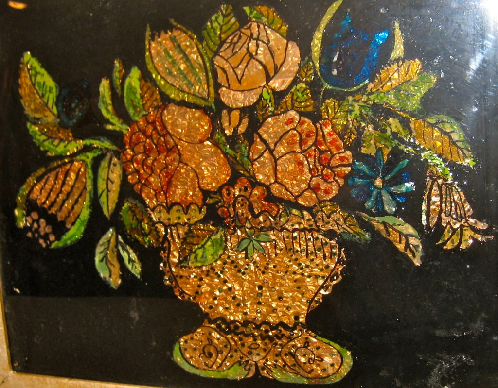 American 19th Century Tinsel Picture of Basket of Flowers