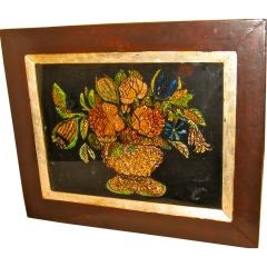 Antique American 19th Century Tinsel Picture of Basket of Flowers