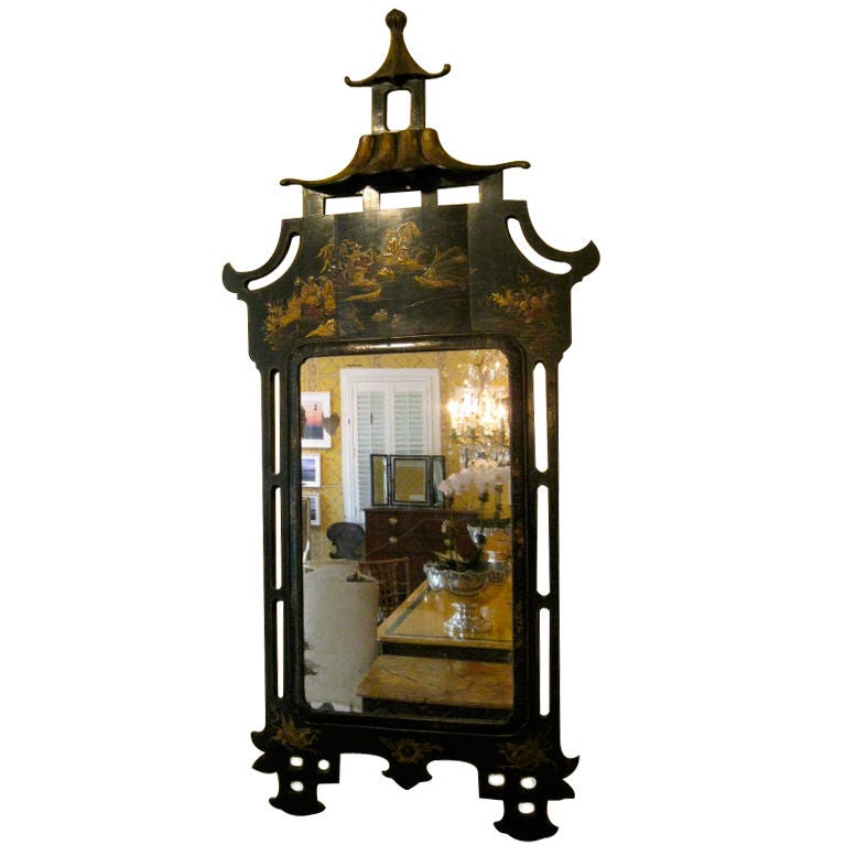 19th Century French Black Chinoiserie Pagoda Mirror For Sale at 1stdibs