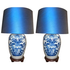 Antique Pair of Chinese Blue and White Lamps with Blue Silk Shades