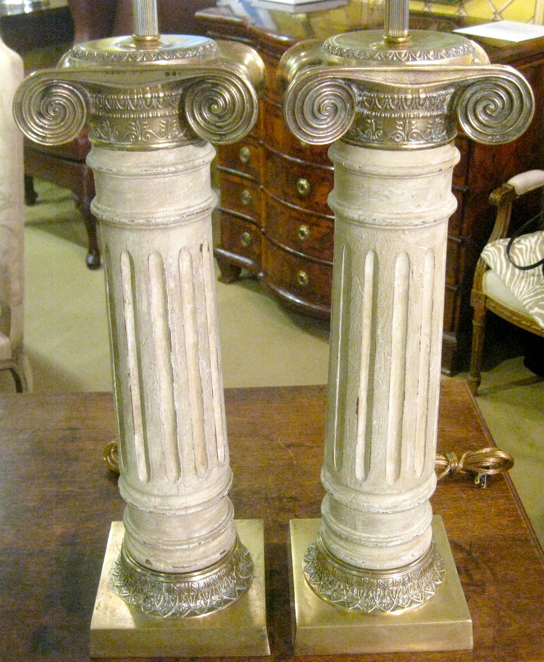 Pair of Italian Bronze and Wooden Column Lamps