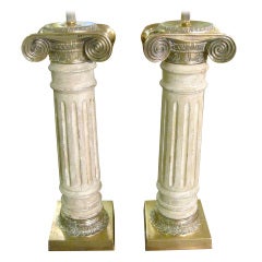 Pair of Italian Bronze and Wooden Column Lamps