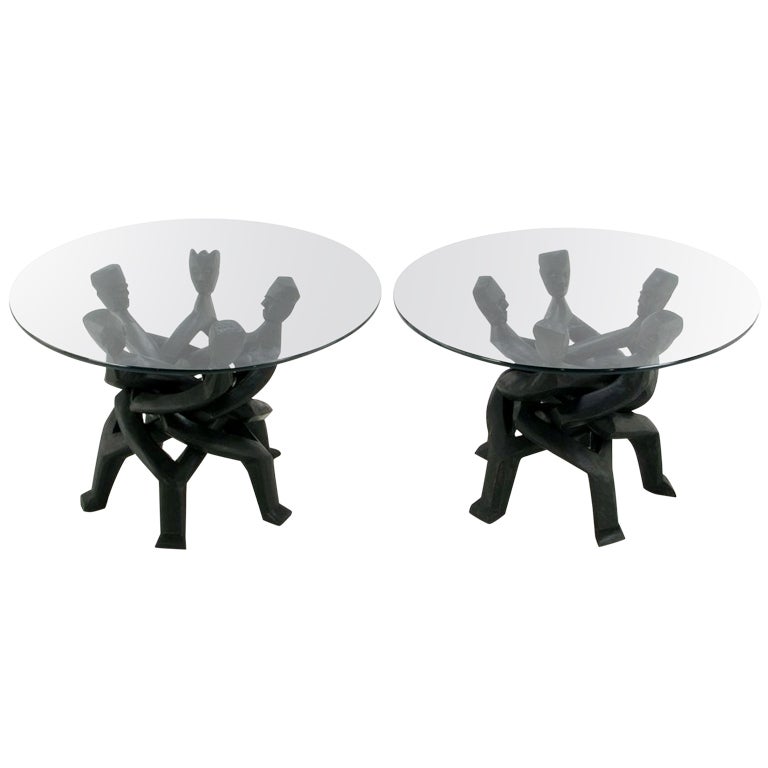 Pair Figural Carved & Ebonized African Interlocking Side Tables