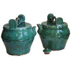 Pair Antique Chinese Green Porcelain Wine Urns